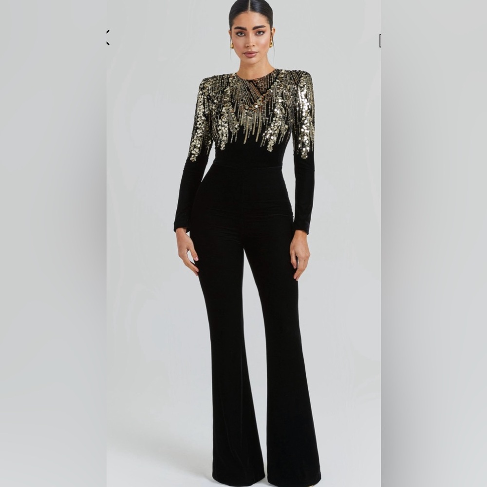 NADINE MERABI Elegant Black and Gold Jumpsuit